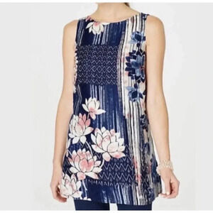 Pure Jill J Womens LINEN Top Size Medium Tunic Tank Lotus Flower Watercolor Blue